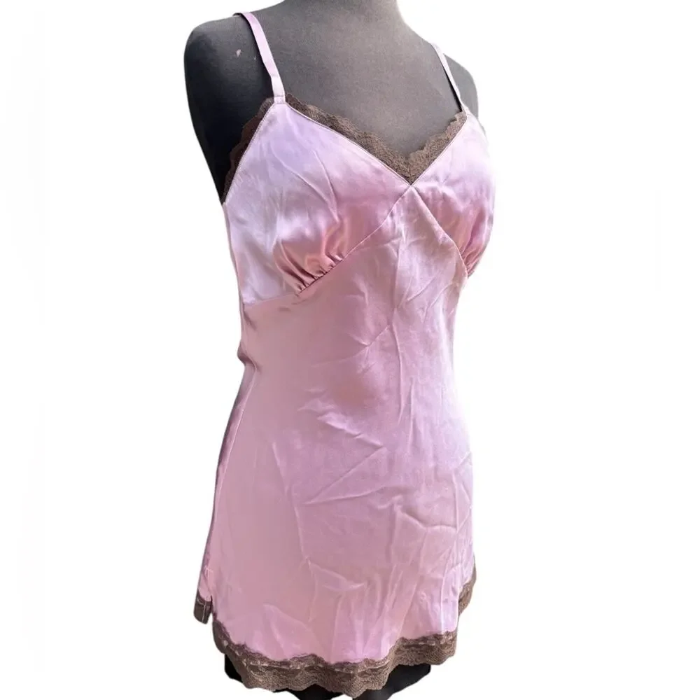 Vintage Y2K Old Navy Silk Babydoll Lace Trim Mini Slip Dress M Fairy Coquette - Picture 3 of 8